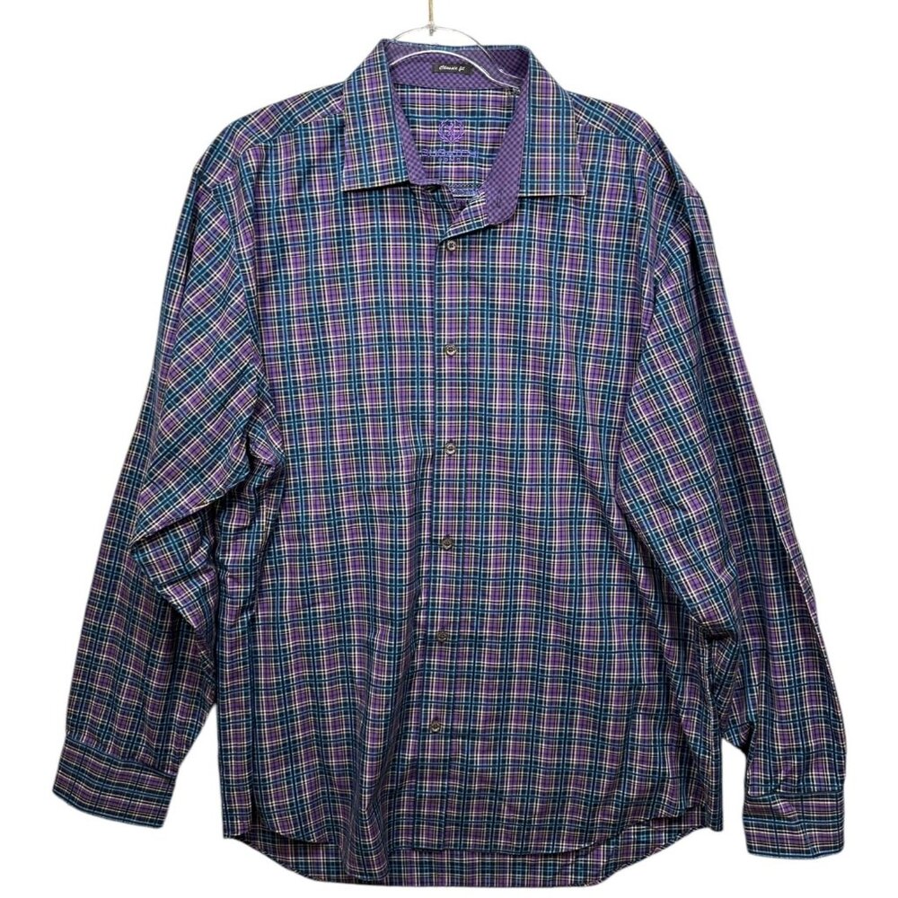 Bugatchi Uomo Mens Classic Fit Purple Plaid Long Sleeve Button-Up Shirt XL